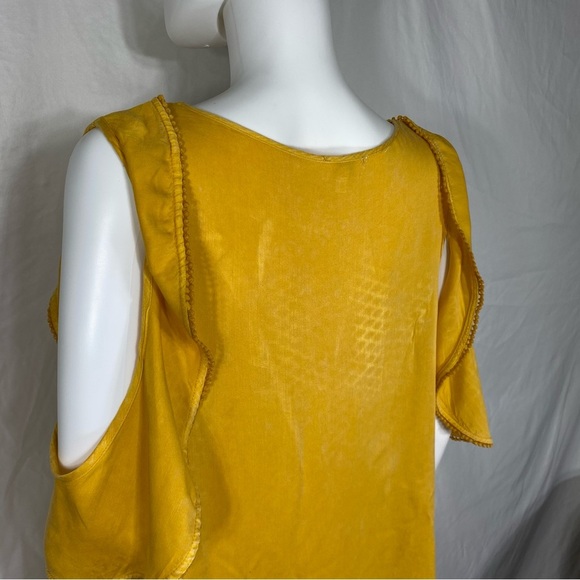 Umgee Mustard Yellow Ruffle, Pom Trim Edge Cold Shoulder Blouse - Picture 4 of 6